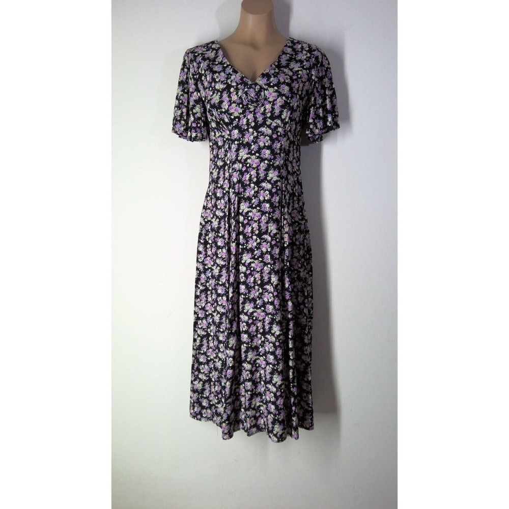 80's‎ Vintage Dress 40's Style Tea Dress Black Purple Tan flowers Size 7
